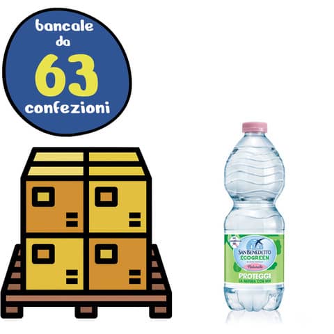 Bancale 63 confezioni da 24 bottigliette di acqua minerale naturale San Benedetto da 500 ml, proveniente dalle Alpi Biellesi. La linea sostenibile Ecogreen è stata creata per ridurre l’impatto ambientale e compensare il 100% delle emissioni CO2.