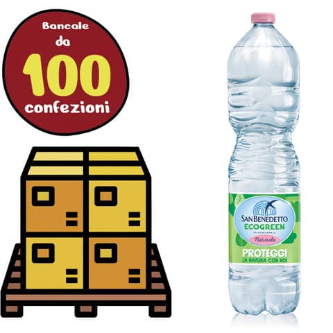 Bancale 100 confezioni da 6 bottiglie da 1,5 L di Acqua Minerale Naturale San Benedetto. Fonte Benedicta Scorzé (VE). La linea Ecogreen prevede plastica sostenibile creata per ridurre l’impatto ambientale e compensare il 100% delle emissioni CO2.