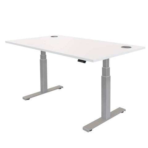Scrivania a regolazione elettrica in altezza da 64 cm a 126 cm. Completa di piano bianco, dimensioni 1200 x 800 mm e spessore 25 mm. Dotata di fori passanti da 8 cm. Struttura LEVADO disponbile nei colori bianco o grigio.