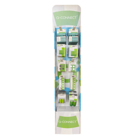 Resta sempre in carica con l’espositore da terra di batterie in blister Q-Connect! Batterie alcaline, al litio e ricaricabili per dare tutta l’energia necessaria! 84 confezioni di prodotti blisterati tutti pronti da esporre. Contenuto del display nel dettaglio: 40 batterie alcaline AA/LR6 (10 conf. da 4 pz); 40 batterie alcaline AAA/LR03 (10 conf. da 4 pz); 10 batterie alcaline C/LR14 (5 conf. da 2 pz); 10 batterie alcaline D/LR20 (5 conf. da 2 pz); 48 batterie al litio a bottone CR2025 (12 conf. da 4 pz); 48 batterie al litio a bottone CR2032 (12 conf. da 4 pz); 100 batterie alcaline a bottone LR54 (10 conf. da 10 pz); 100 batterie alcaline a bottone LR44 (10 conf. da 10 pz); 20 batterie ricaricabili AA (5 conf. da 4 pz) e 20 batterie ricaricabili AAA (5 conf. da 4 pz). Dimensioni: L 29 x P 23 x  H 145 cm.
