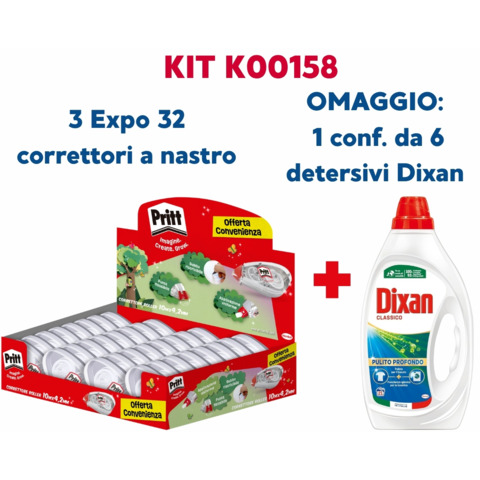 Kit composto da 3 espositori da 32 correttori roller Pritt Compact Flex. In omaggio all’acquisto è compresa una confezione da 6 detersivi liquidi per bucato Dixan Classico 19 lavaggi. Grazie alla sua forma ergonomica. La correzione bidirezionale consente di applicare il prodotto in una direzione per cancellare una frase intera e in quella opposta per rimuovere solo una lettera. È dotato di un cappuccio protettivo e di una punta flessibile, che permette applicazioni precise e correzioni pulite riducendo notevolmente il rischio di rottura del nastro. Il correttore è realizzato per il 50% con plastica riciclata ed è riciclabile al 100%. Lunghezza nastro: 10 m. Larghezza: 4,2 mm.