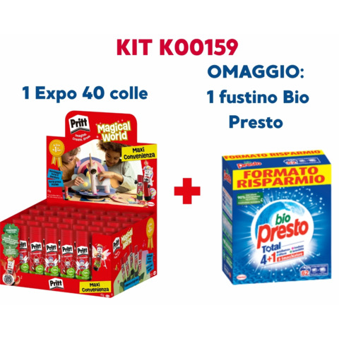 Kit composto da un espositore da banco di 40 colle Pritt Stick Original nel formato 43 grammi. In omaggio all’acquisto è compreso un fustino di Detersivo in polvere per lavatrice Bio Presto da 62 lavaggi. La colla è al 97% composta da ingredienti naturali. Grafiche a tema «Magical World» per la campagna scuola. Personaggi collezionabili: Pritt Panda e Pritt Scimmietta. Dimensioni display: 24 x 23 x H.13 cm.