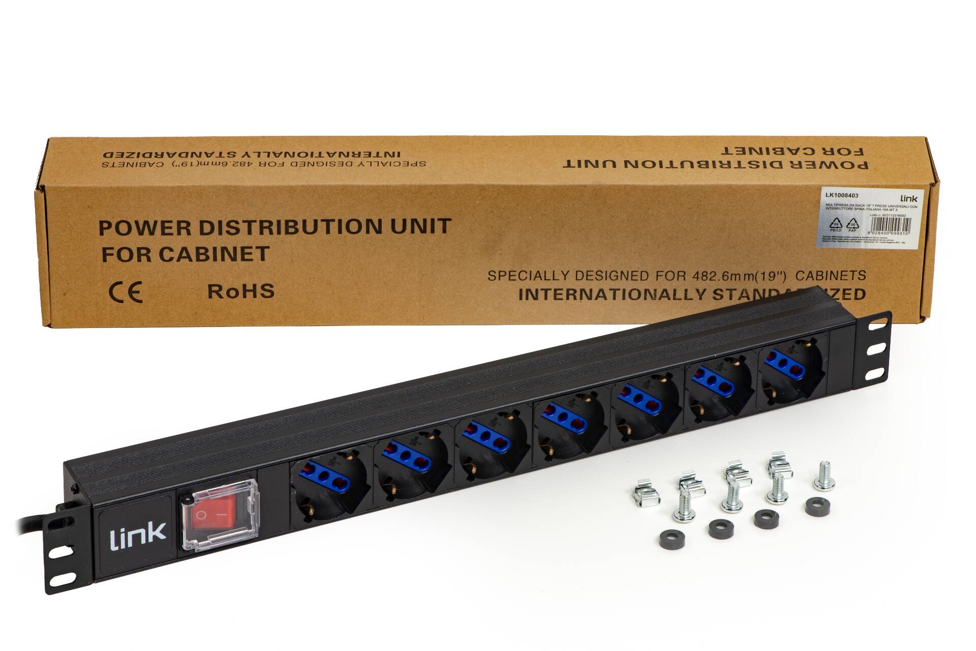 LINK MULTIPRESA DA RACK 19 7 PRESE UNIVERSALI CON INTERRUTTORE SPINA ITALIANA 16A CAVO MT 3